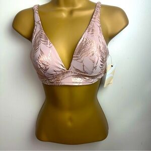 Lively Tanish/Nude Orchid MetallicFoil Leaf Print Nylon Plunging VNeck Bra NWT S